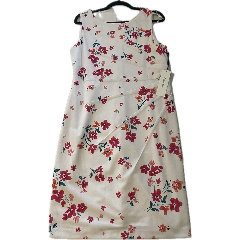NWT! - CALVIN KLEIN PINK FLORAL SHEATH DRESS - SLEEVELESS SIZE 12 - SIDE PLEATED